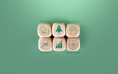 Growth hacking strategy with creative marketing, behavioral psychology, data analytics, and AI technology automation, represented by wooden cubes with icons symbolizing innovation and business growth