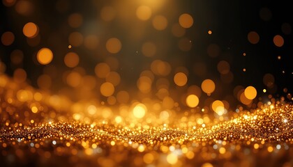 Glimmering golden particles cascade, creating a beautiful, dreamy, and ethereal bokeh background with depth and brilliant highlights.