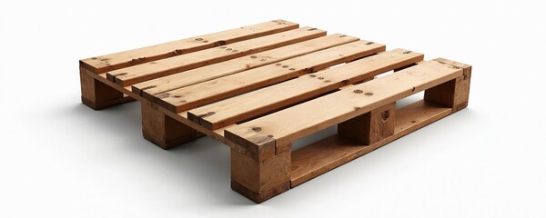 Wooden pallet with four legs isolated on white background. Sturdy wood platform ideal for shipping, storage, industrial logistics. Natural grain, construction convey durability, reliability for cargo