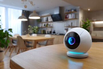 Surveillance and CCTV Security Concept, Modern Technology in Home, Indoor Camera on Table, Protecting Family, Innovative Design