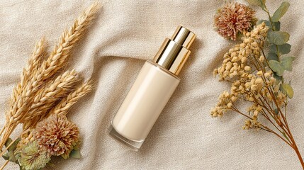 Cosmetic foundation bottle gold pump natural fabric background wheat flowers beauty skincare