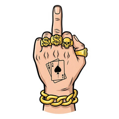 Hand giving the middle finger with tattoos and jewelry isolated on transparent background