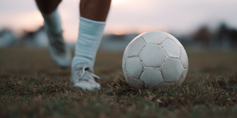 Soccer ball is on the grass and a person is kicking it
