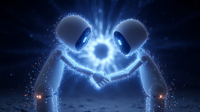 A glowing digital handshake between two avatars automatically executing a smart contract on the blockchain.