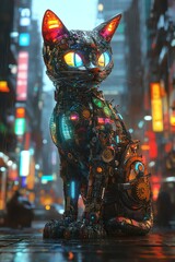 Mechanical cat constructed from multicolored gears and metallic parts