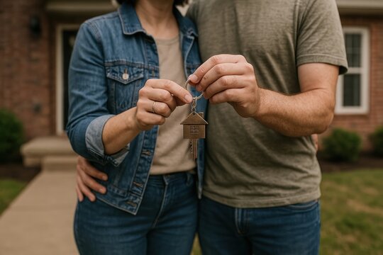 Couple holding new house keys.