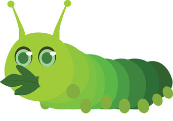 A cartoon caterpillar eating a leaf, with a green body and a big smile