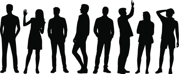 Silhouette group of diverse people standing together, teamwork collaboration concept, office colleagues, business unity, professional staff illustration, success partnership