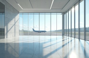 Obraz premium Modern office interior with expansive windows overlooking airport tarmac. Natural light floods spacious business hall, reflecting off polished floor. 3D rendering shows airplane on runway, creating