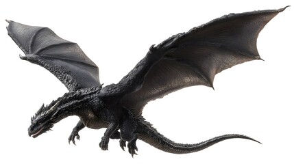 Obraz premium Majestic Black Dragon Soaring with Spread Wings on White Background