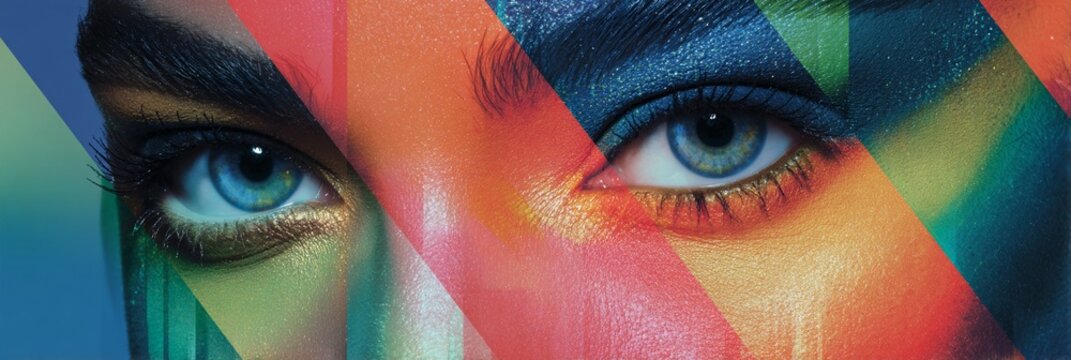 Vibrant geometric makeup art showcasing intense blue-green eyes with bold colorful angular background creating striking visual composition