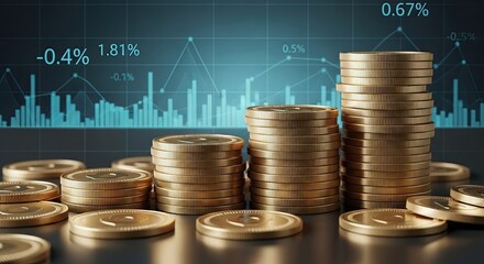 Visualize financial growth with these stunning golden coin stacks and dynamic market charts, perfect for investment and business analysis materials