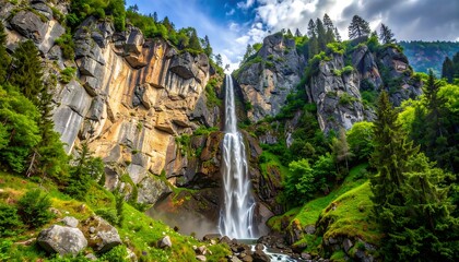 Majestic Waterfall Cascading Down Mountainous Terrain in Alpine Setting.
