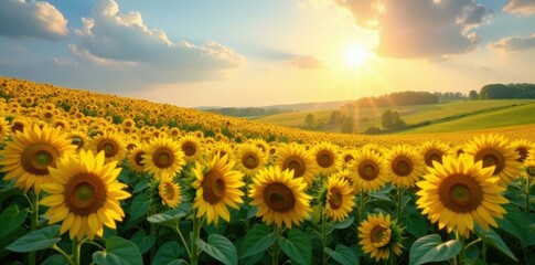 Fototapeta premium Rolling hills of sunflowers, vibrant under summer sun Abundant harvest in full bloom , agriculture, flora