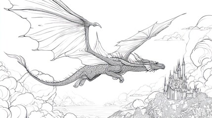 Dragon soars towards a distant castle, amid clouds, depicted in linework