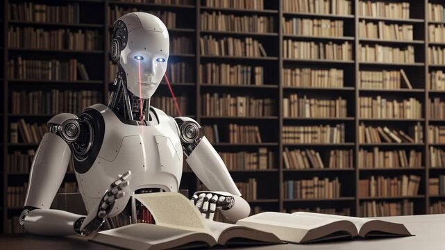 White humanoid AI robot reading a book in a library with laser beam on eyes