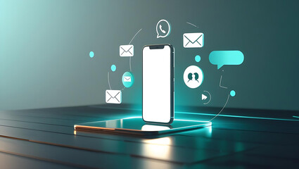 Digital Communication Hub: A sleek smartphone, radiating connectivity with holographic icons representing communication channels and virtual interactions.