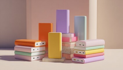 Colorful power banks stacked in various pastel hues