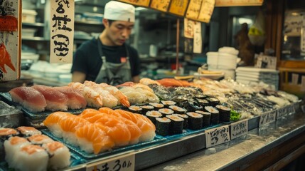 The variety of sushi and rolls on display at the sushi bar perfectly convey the atmosphere of Japanese cuisine and street food.