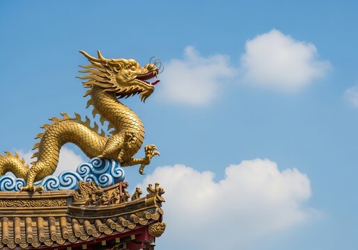 Golden dragon statue adorning a traditional asian temple roof under a blue sky