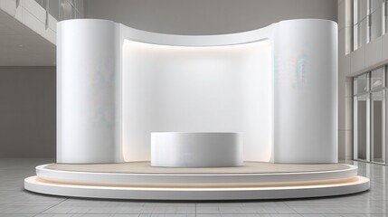 3d white stand booth for presentation event mockup. Vector promotional blank wall in room display for exhibition with table or podium. Empty expo business cube corner kiosk retail background set