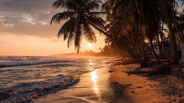 A beautiful sunset on the beach, with palm trees and golden sand, phone wallpaper