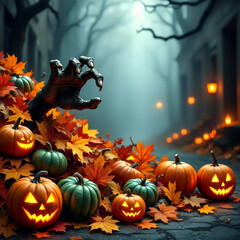 Spooky Halloween Scene: Creepy Hand Rising Among Jack-o'-Lanterns