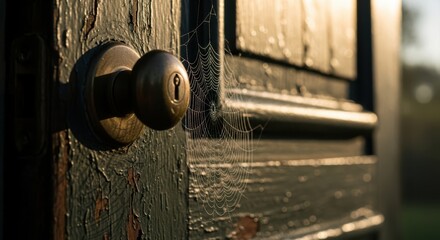 Old wooden door with peeling paint and a spiderweb closeup