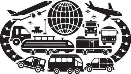 A transportation icons set illustrates various vehicles like a car, bus, train, and plane