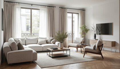 Minimalist Scandinavian interior living room in Paris features sectional sofa, armchair, coffee table. Neutral tones, natural wood elements create cosy, modern ambiance. Large windows with sheer
