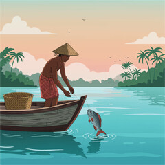 A Maluku fisherman performs a traditional ritual, gently releasing a fish back into the serene sea under calm morning colors in a beautiful 2D flat illustration style.