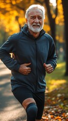 Fototapeta premium Portrait of a smiling elderly man in sportswear jogging in a park in autumn, ideal for advertising a healthy lifestyle and fitness programs.