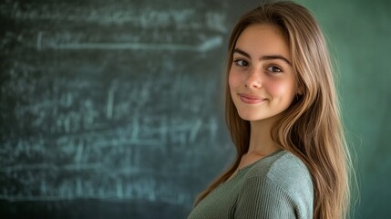 A young student with long brown hair smiles warmly in front of a chalkboard, wearing a soft green sweater, embodying academic confidence and youthful potential.