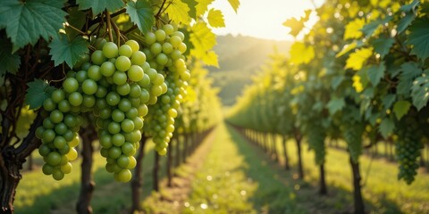  Lush green grapes hang heavy on the vine, bathed in the warm glow of the Italian sun. A painterly, textured feel.