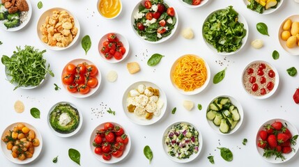 A variety of fresh vegetables, fruits, and herbs in white bowls against a light background, bright colors, and an appetizing appearance, ideal for culinary blogs and healthy eating advertisements.