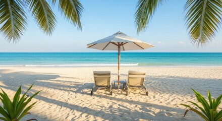 Two lounge chairs under a white umbrella on a sandy beach with palm trees and the ocean.