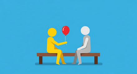Abstract yellow figure offering a shiny red balloon to a grey figure on a wooden bench.