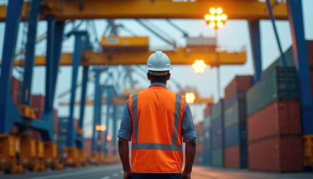 Man in hard hat and orange safety vest stands in shipping yard. He oversees cargo operations, container stacks, and large cranes, symbolizing logistics, trade, and industry compliance.
