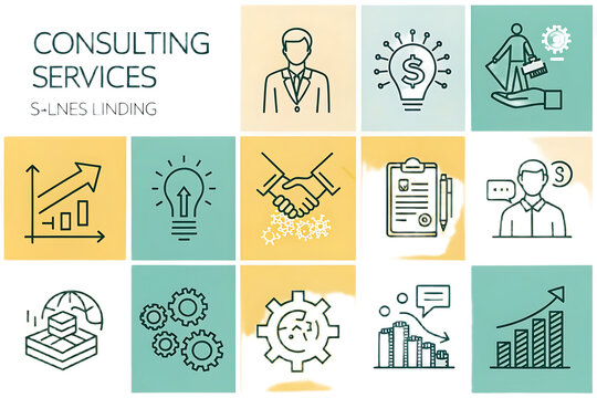 Consulting services icons arranged in a grid pattern on a light green and yellow background
