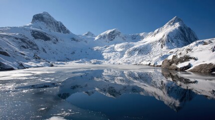 Snow-covered Mountains Reflecting in a Calm Lake During a Bright Winter Day