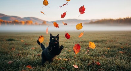 Playful black cat chasing falling autumn leaves in a scenic meadow