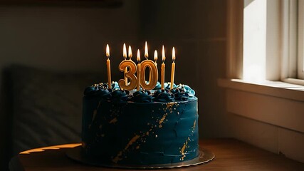 A Stunning Birthday Cake with Burning Candles Celebrating a 30th Anniversary