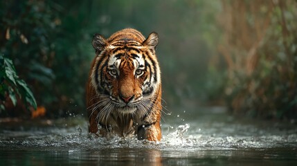Majestic Bengal Tiger Navigates a Lush Riverbank A Stunning Wildlife Encounter