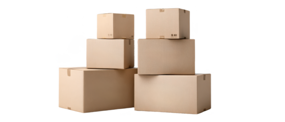 Stacked cardboard boxes of various sizes, showcasing a simple yet organized arrangement for storage or shipping.