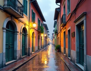 Fototapeta premium Colorful European Street at Twilight with Wet Pavement and Warm Reflections