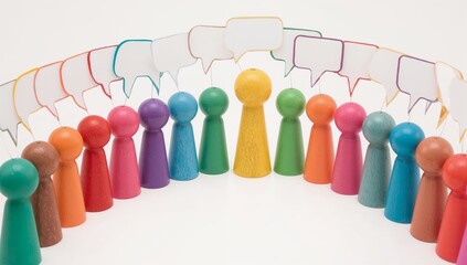 Obraz premium A colorful illustration of a diverse group of wooden peg people engage in lively dialogue within a collaborative framework. Capturing the essence of teamwork, communication.