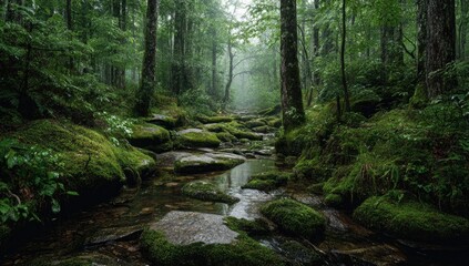 Misty forest stream. Lush, mossy rocks line a shallow stream running through a dense, green forest
