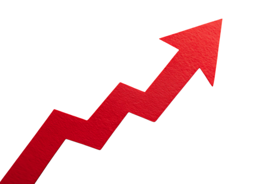 Red arrow showing upward trend, growth on transparent background
