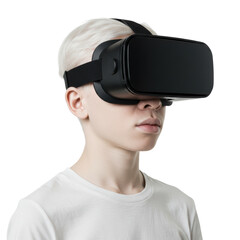 A young person enjoying a virtual reality experience with a VR headset on a white backdrop.