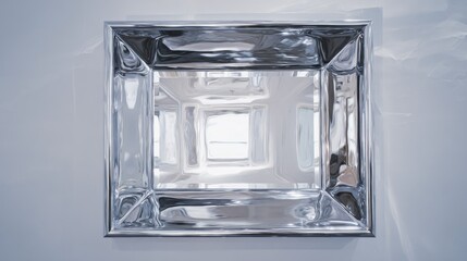 Rectangular, beveled mirror reflecting interior space